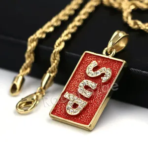 Hip Hop Ice Out Supreme Block Letter Streetwear Red Pendant w/ 4mm 24" Rope Chain