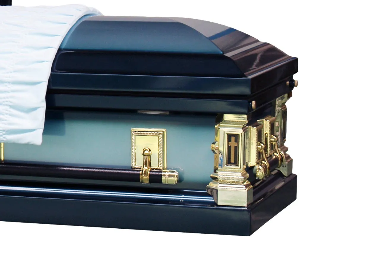 In God's Care - Metal casket in Blue Finish with Light Blue Interior