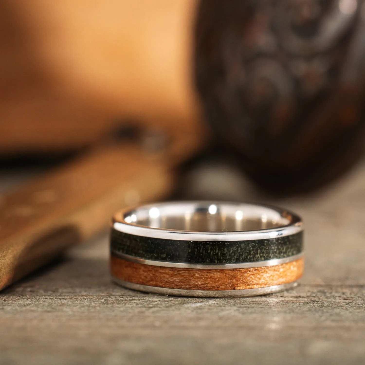 (In-Stock) The Air Force | Men's Silver Wedding Band with Propeller Wood & Air Force Flight Suit - Size 10.75 | 8mm Wide