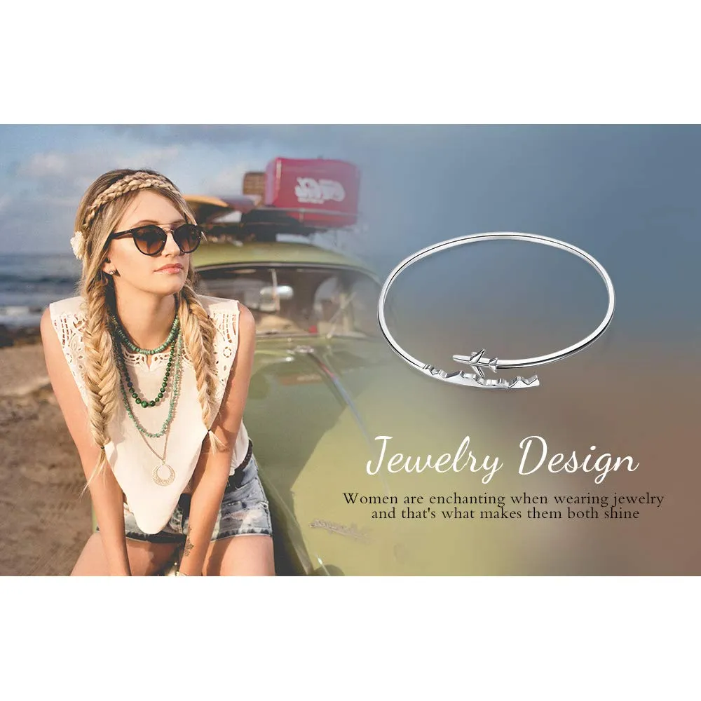 JewelryPalace 925 Sterling Silver World Travel Souvenir Airplane Adjustable Open Bangle Bracelet