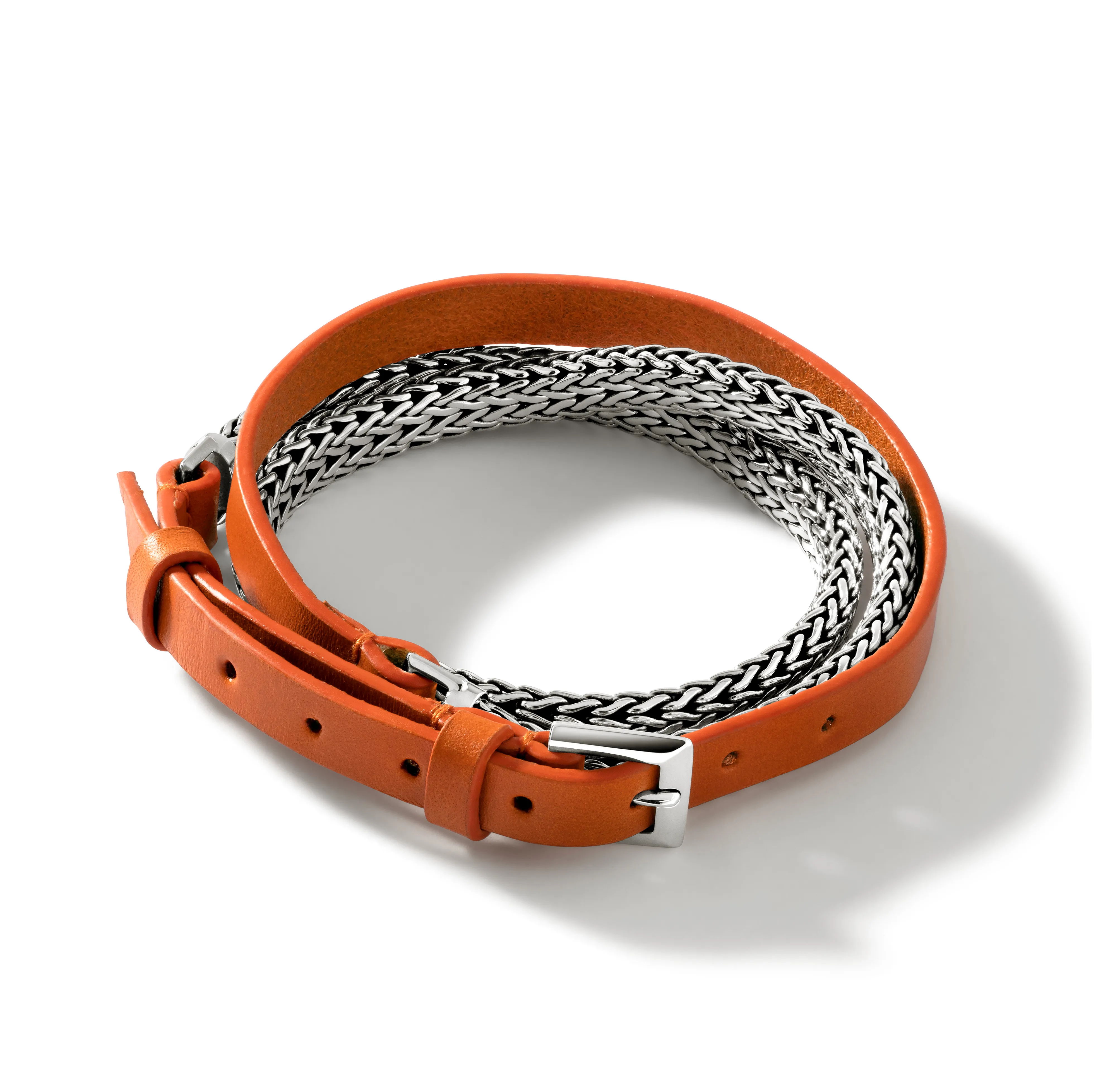 John Hardy Classic Chain Silver Three Wrap Chain and Orange Leather Bracelet