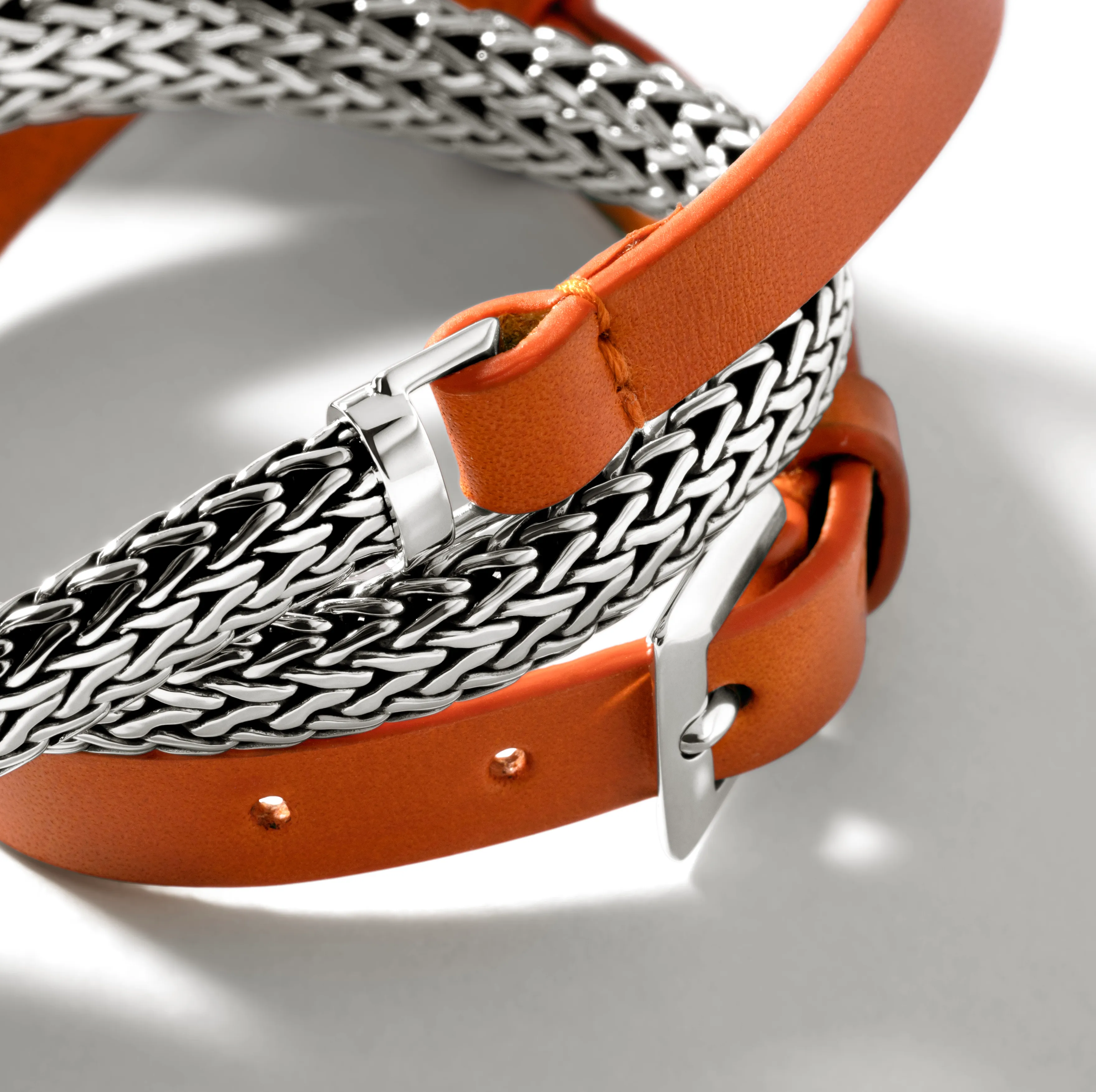 John Hardy Classic Chain Silver Three Wrap Chain and Orange Leather Bracelet