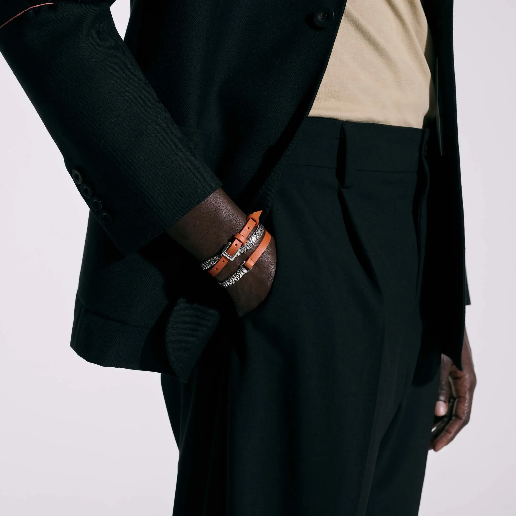 John Hardy Classic Chain Silver Three Wrap Chain and Orange Leather Bracelet