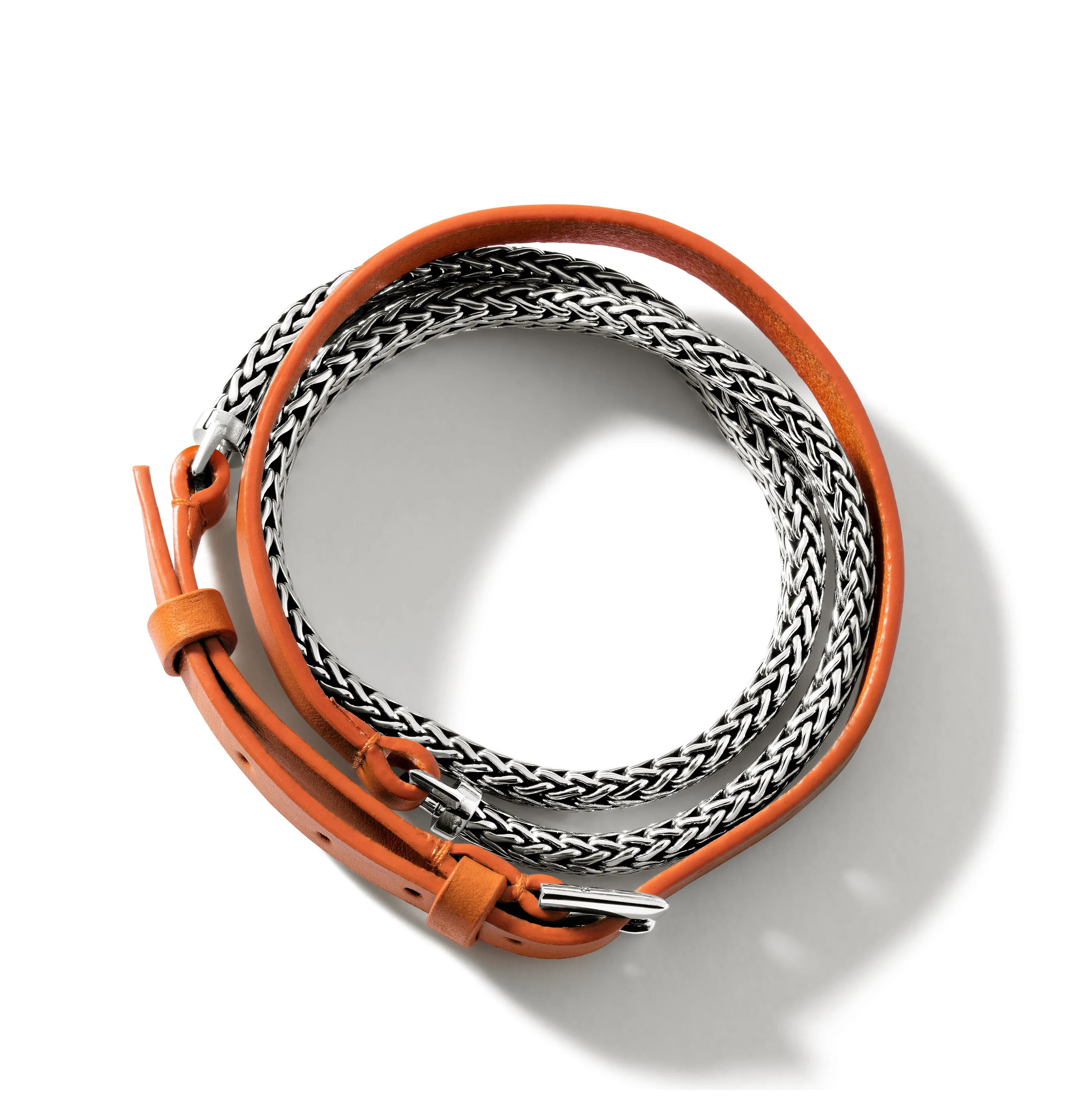 John Hardy Classic Chain Silver Three Wrap Chain and Orange Leather Bracelet