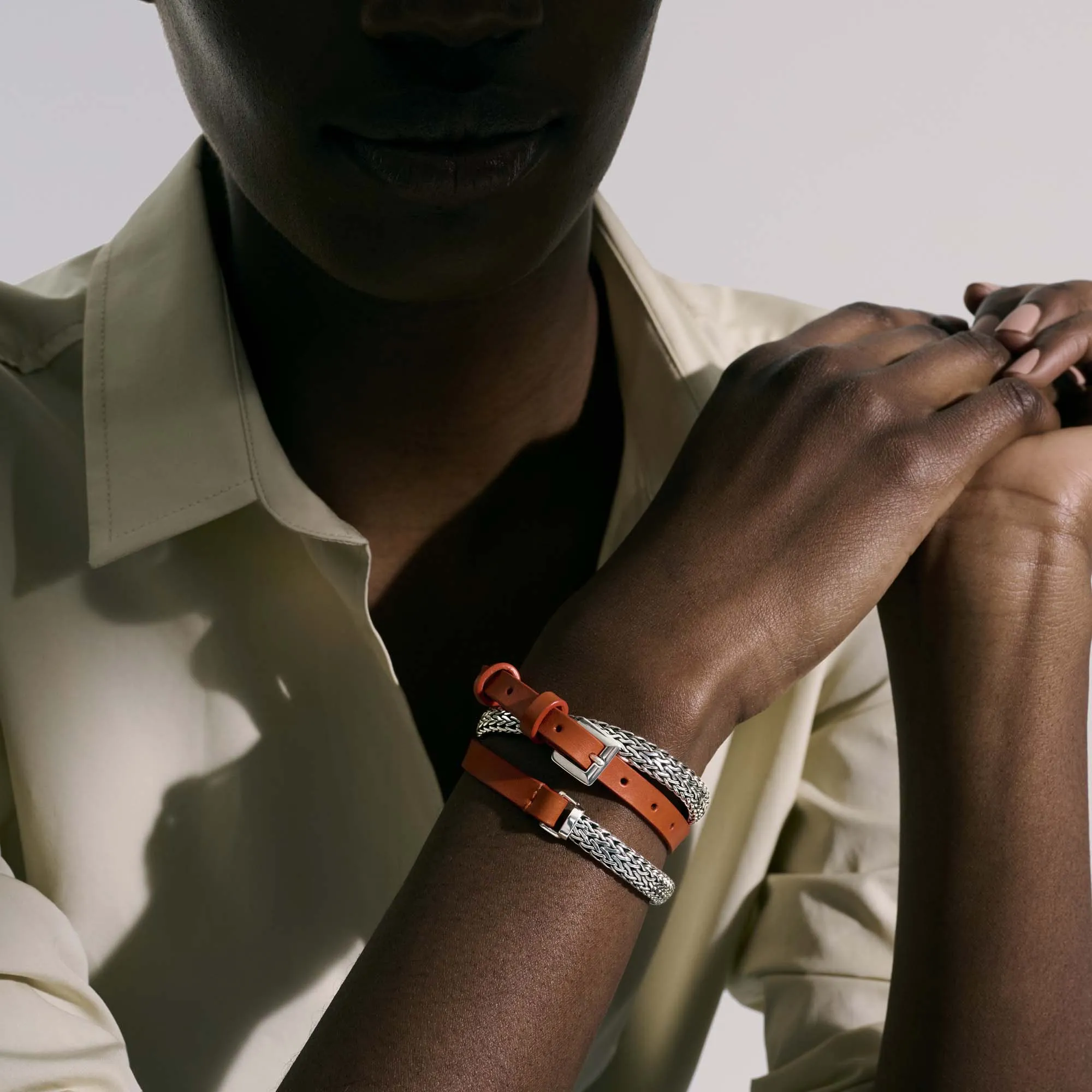 John Hardy Classic Chain Silver Three Wrap Chain and Orange Leather Bracelet
