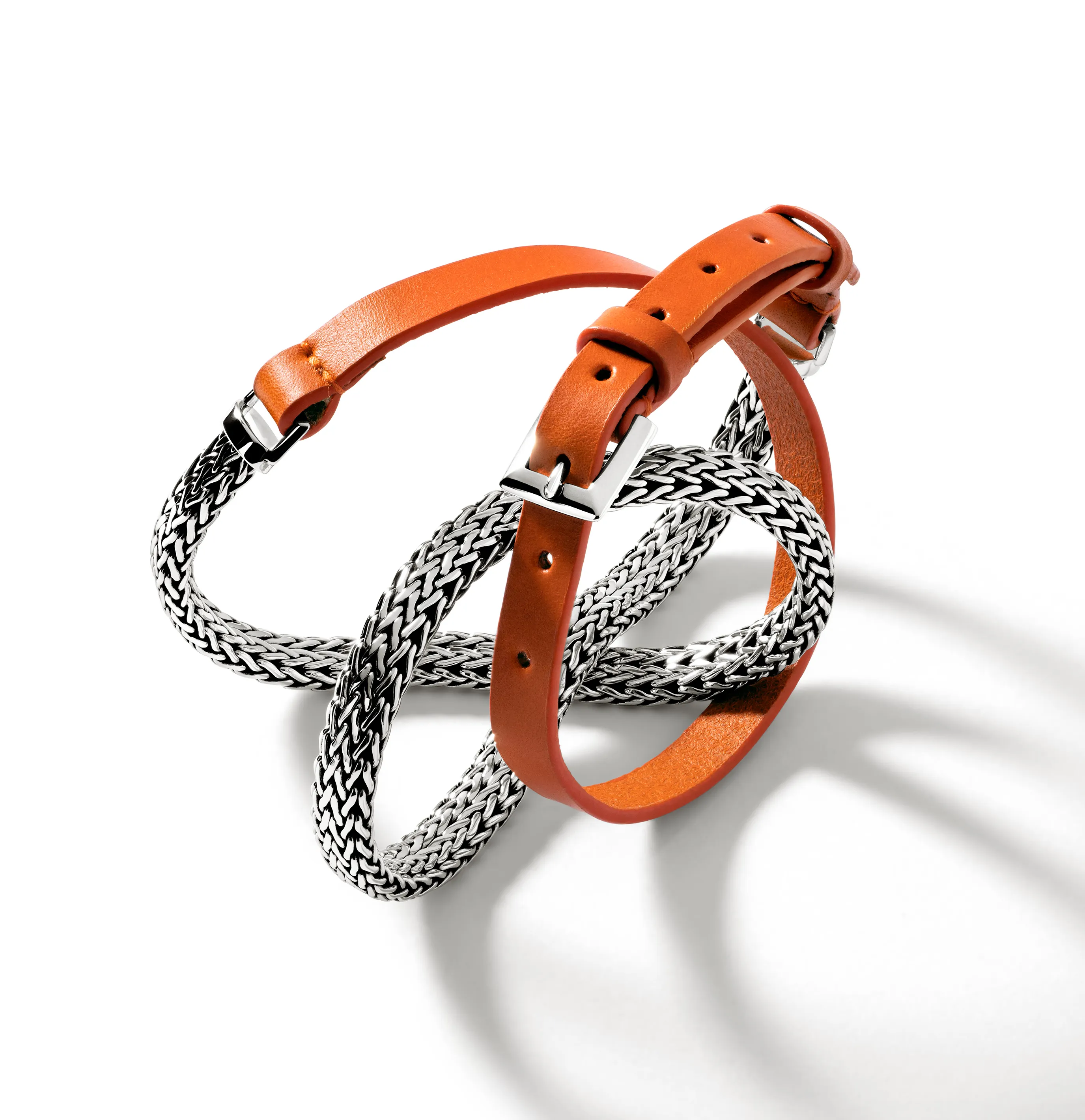 John Hardy Classic Chain Silver Three Wrap Chain and Orange Leather Bracelet