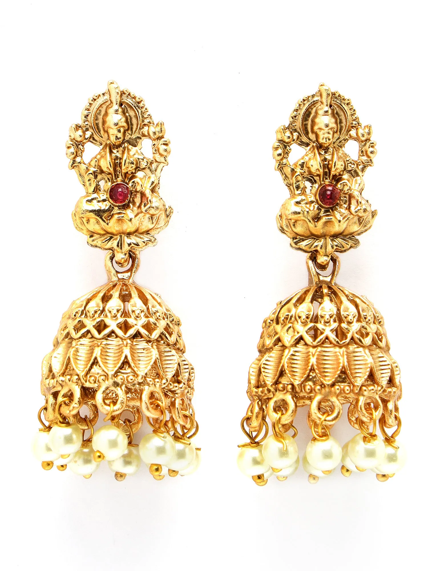 Karatcart Gold Plated Red Stone Floral Design Rani Haar Temple Jewellery Set for Women