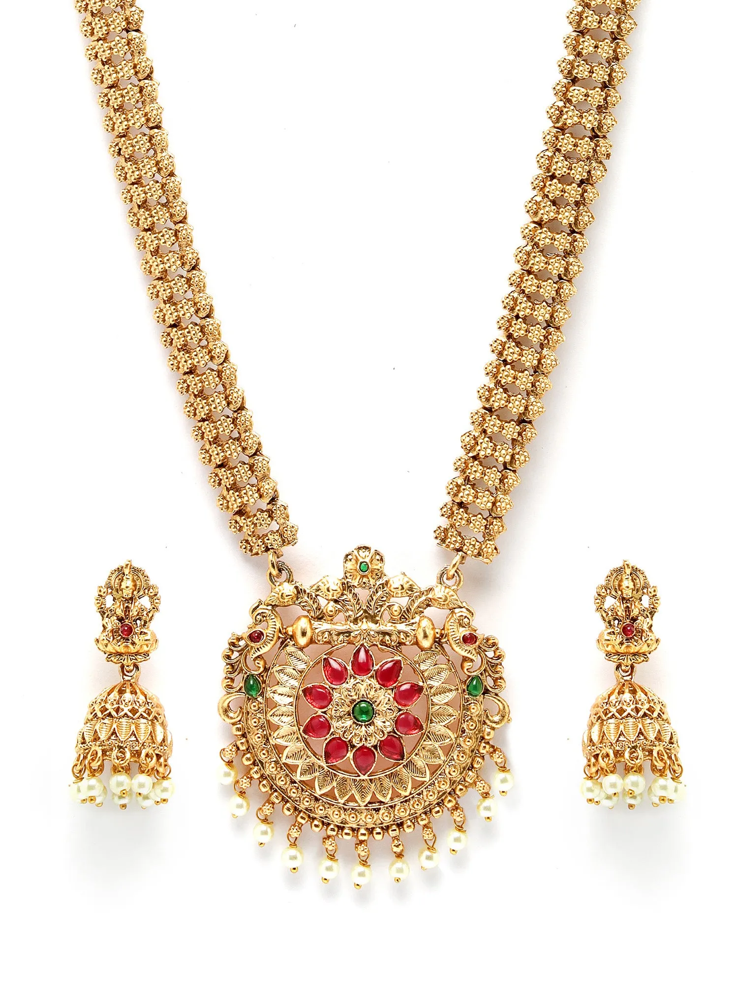 Karatcart Gold Plated Red Stone Floral Design Rani Haar Temple Jewellery Set for Women