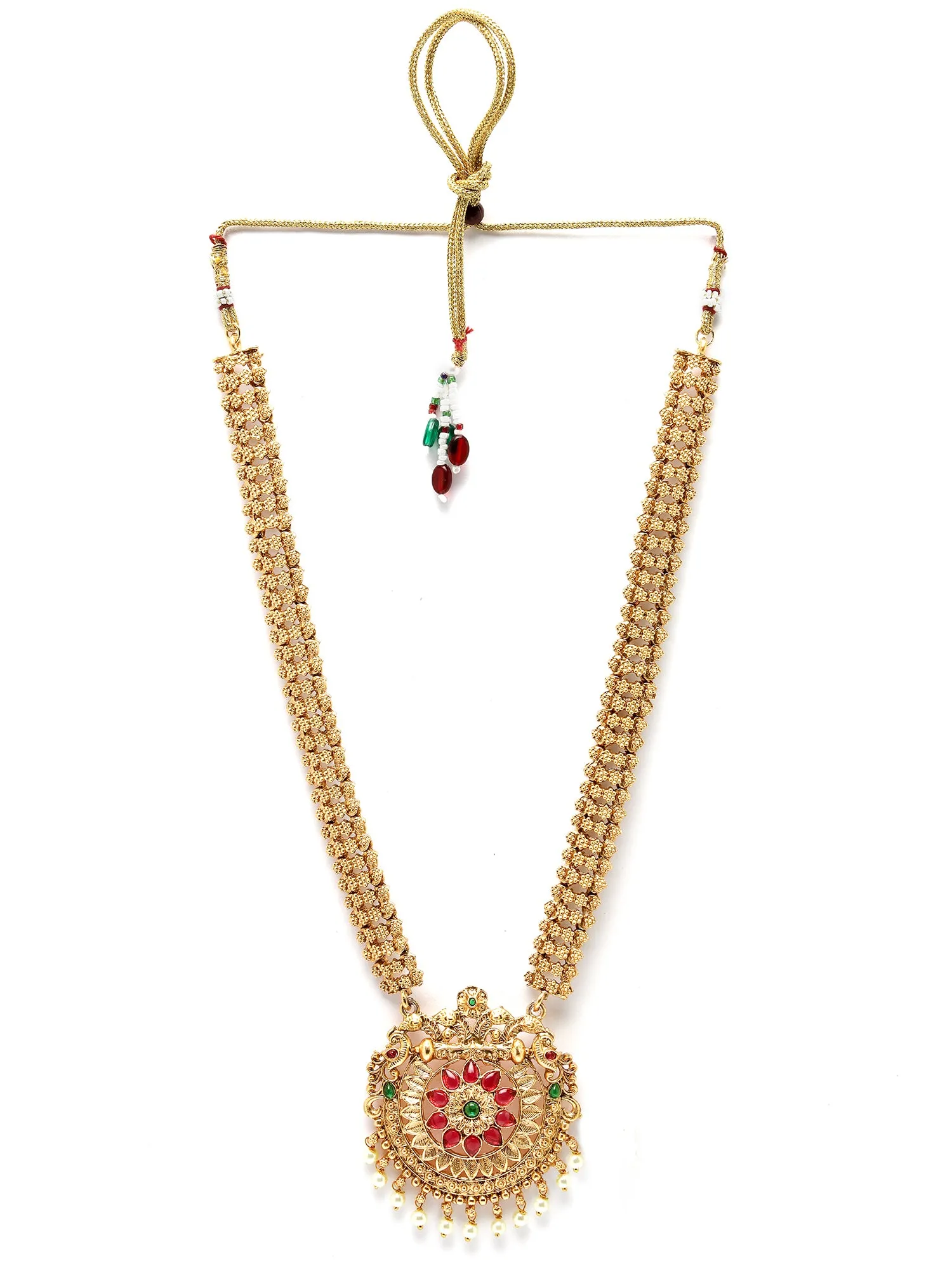 Karatcart Gold Plated Red Stone Floral Design Rani Haar Temple Jewellery Set for Women
