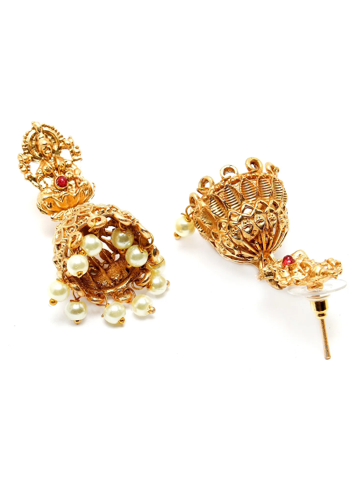 Karatcart Gold Plated Red Stone Floral Design Rani Haar Temple Jewellery Set for Women
