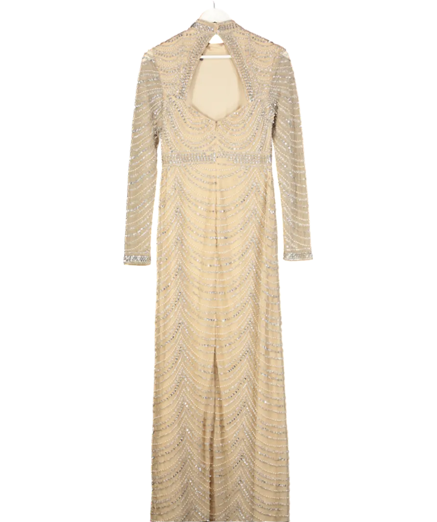 Karen Millen Nude Embellished Woven Long Sleeved Maxi Dress UK 10