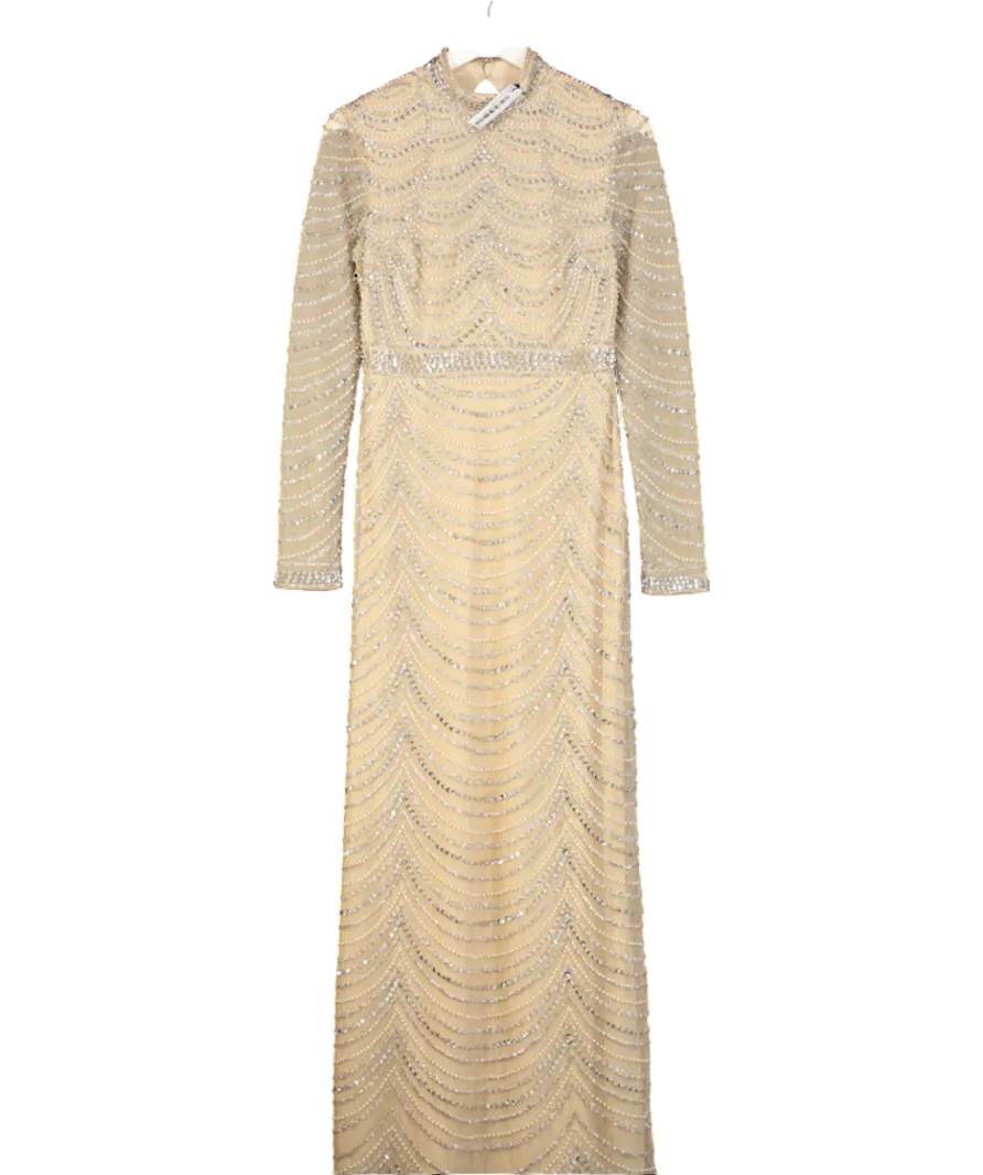 Karen Millen Nude Embellished Woven Long Sleeved Maxi Dress UK 10