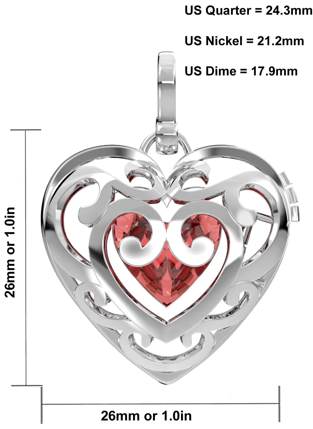 Large Ladies 925 Sterling Silver Polished Gemstone Heart Locket Pendant Necklace, 26mm