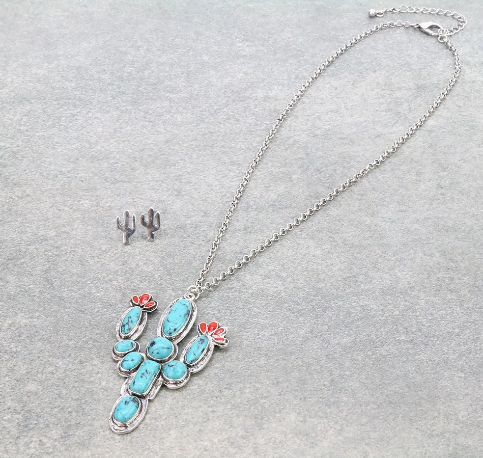 Lolita Fashion Silver Link Chain With Stone Cactus Pendant & Earrings