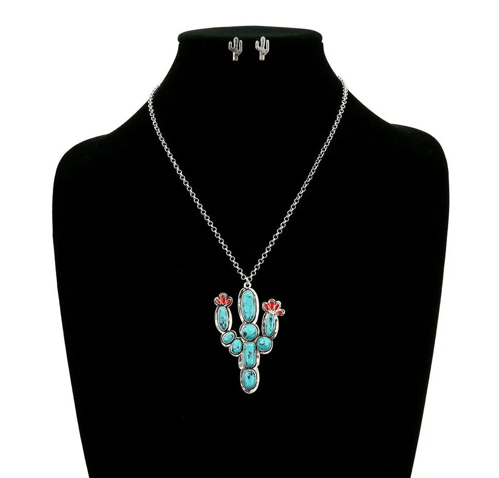 Lolita Fashion Silver Link Chain With Stone Cactus Pendant & Earrings