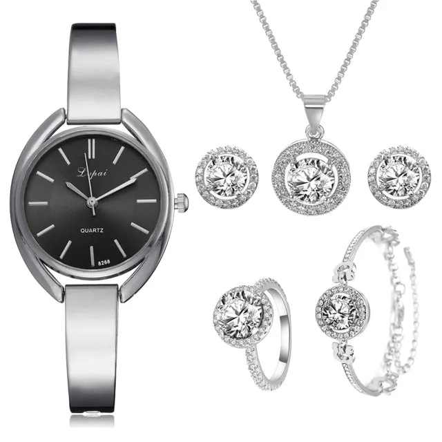 Luxury 6PCS Wristwatche Set Women Rose Gold Quartz Watch Jewelry