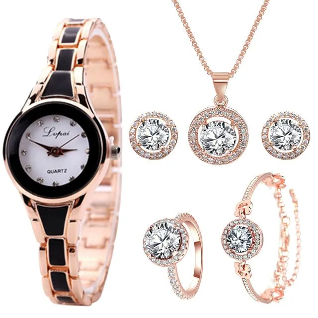 Luxury 6PCS Wristwatche Set Women Rose Gold Quartz Watch Jewelry