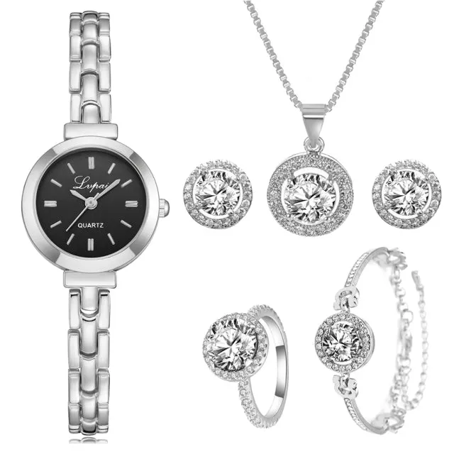 Luxury 6PCS Wristwatche Set Women Rose Gold Quartz Watch Jewelry