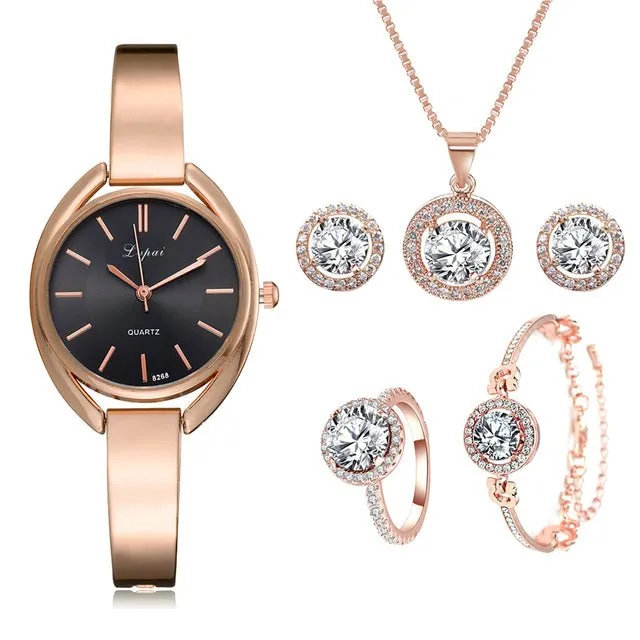 Luxury 6PCS Wristwatche Set Women Rose Gold Quartz Watch Jewelry