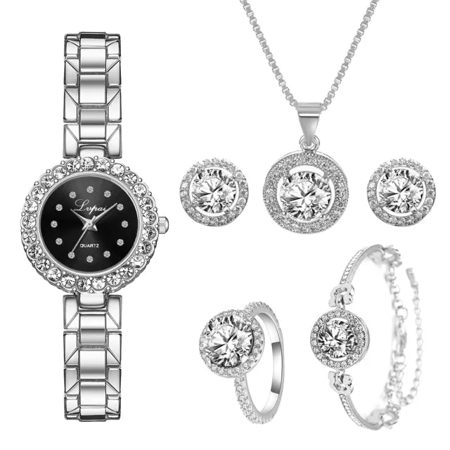 Luxury 6PCS Wristwatche Set Women Rose Gold Quartz Watch Jewelry