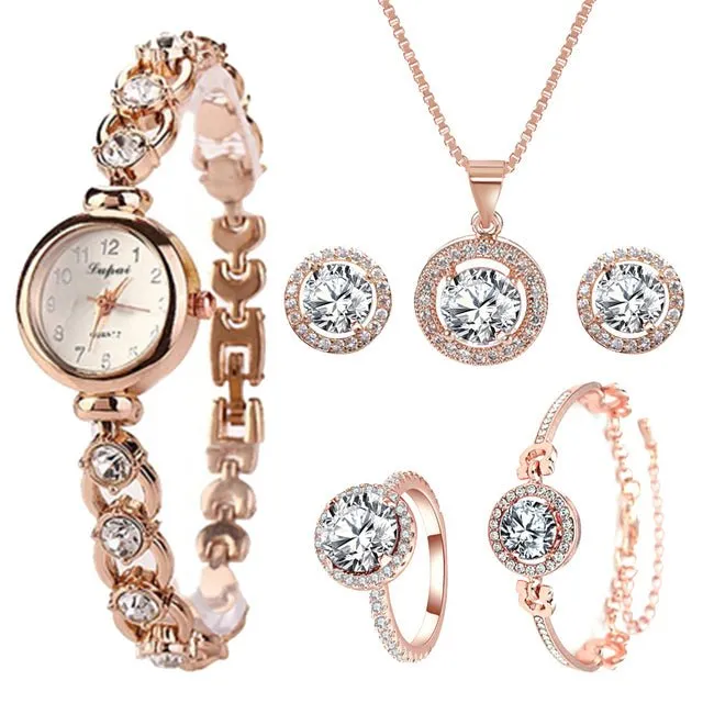 Luxury 6PCS Wristwatche Set Women Rose Gold Quartz Watch Jewelry
