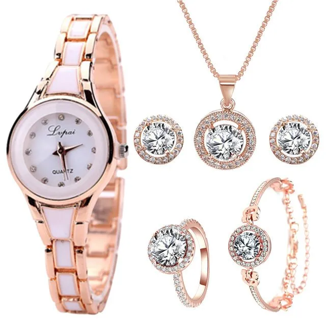 Luxury 6PCS Wristwatche Set Women Rose Gold Quartz Watch Jewelry