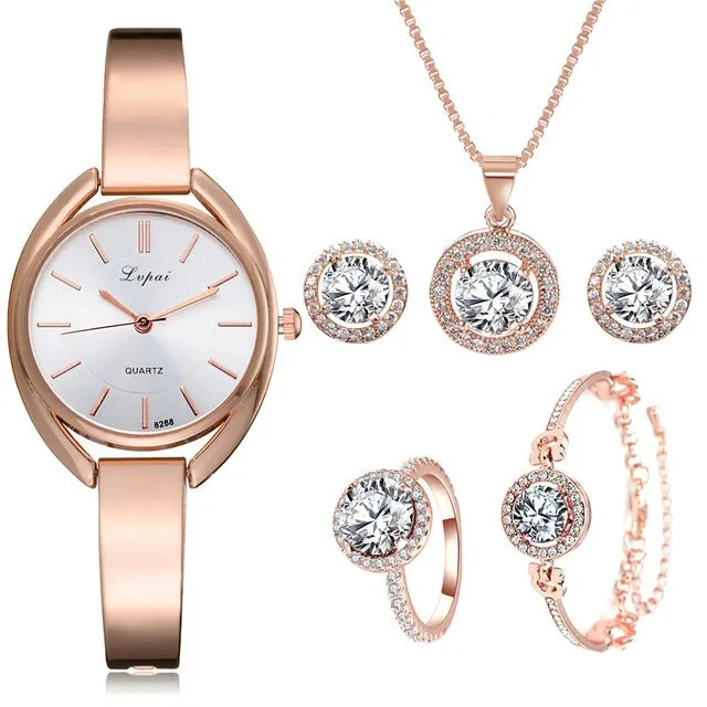 Luxury 6PCS Wristwatche Set Women Rose Gold Quartz Watch Jewelry
