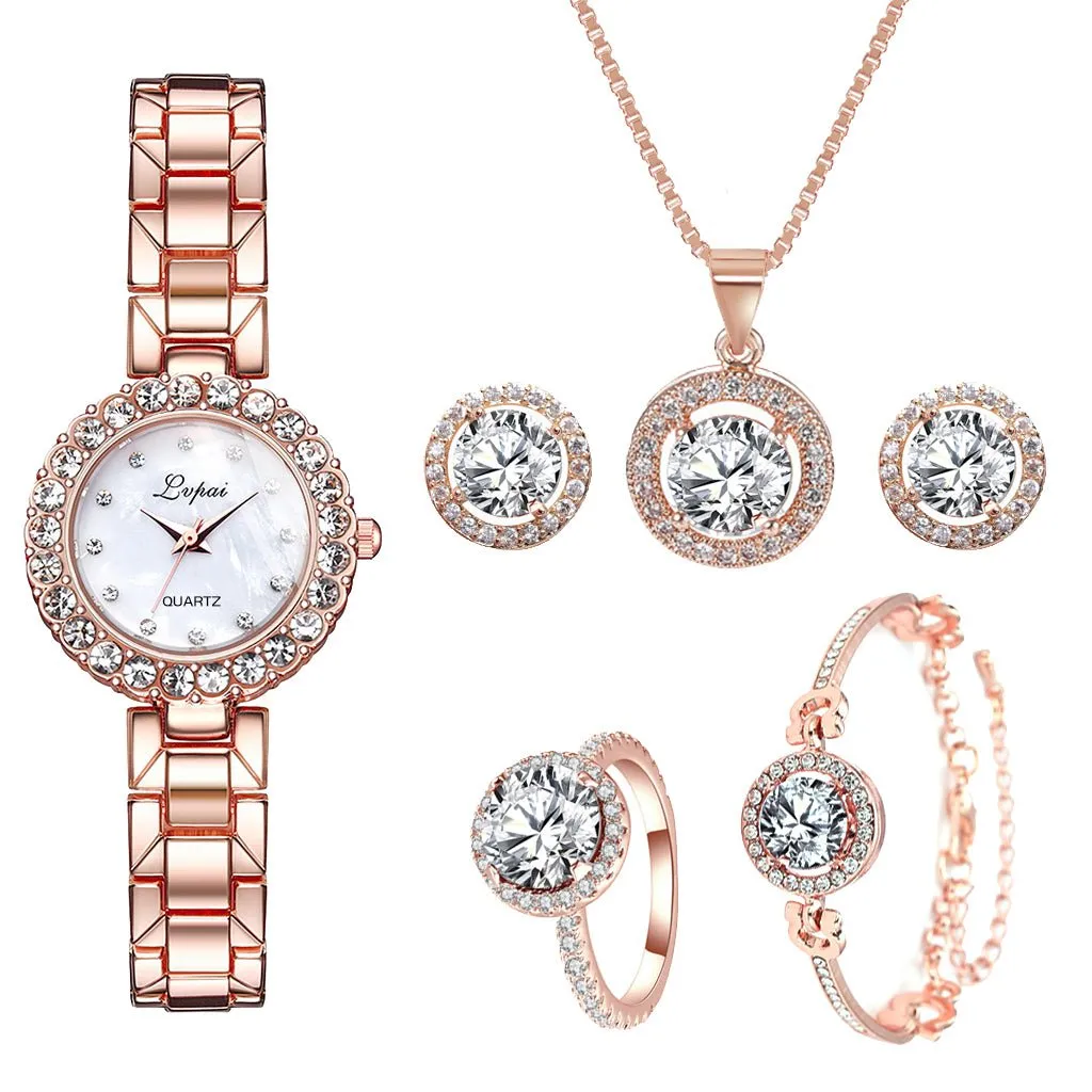 Luxury 6PCS Wristwatche Set Women Rose Gold Quartz Watch Jewelry