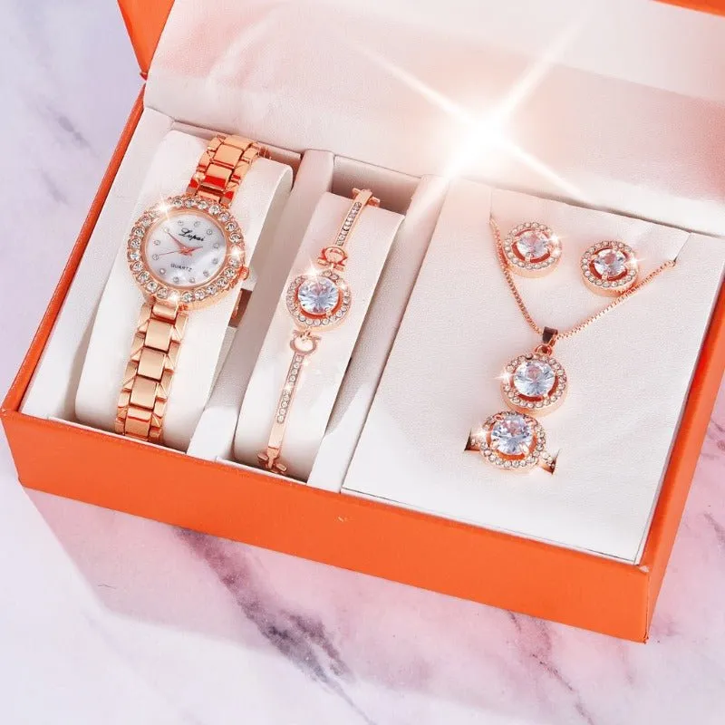 Luxury 6PCS Wristwatche Set Women Rose Gold Quartz Watch Jewelry