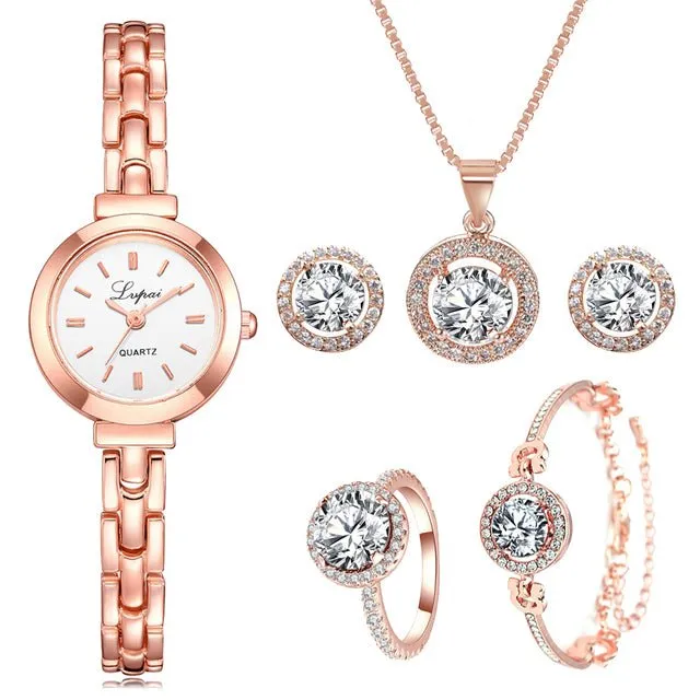 Luxury 6PCS Wristwatche Set Women Rose Gold Quartz Watch Jewelry