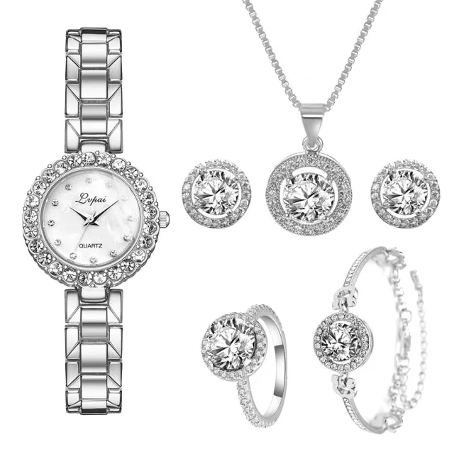Luxury 6PCS Wristwatche Set Women Rose Gold Quartz Watch Jewelry