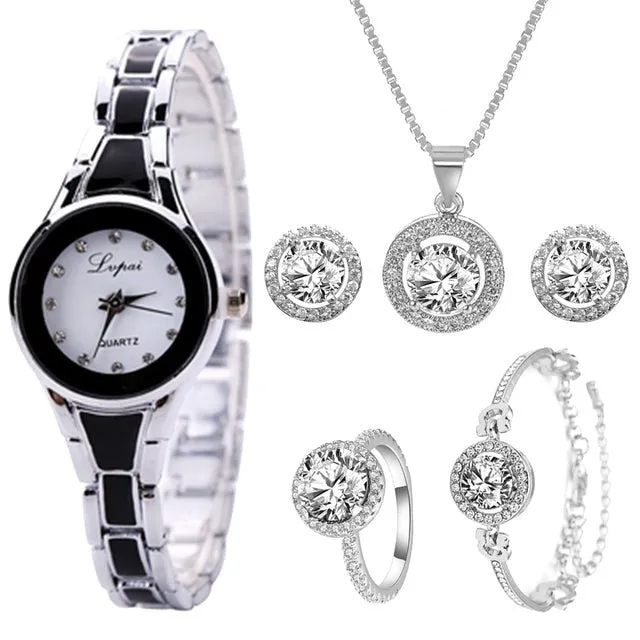 Luxury 6PCS Wristwatche Set Women Rose Gold Quartz Watch Jewelry