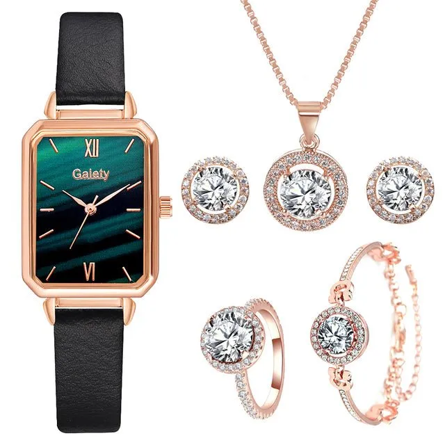 Luxury 6PCS Wristwatche Set Women Rose Gold Quartz Watch Jewelry