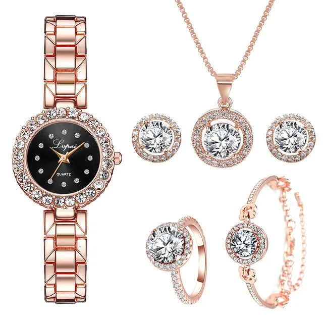 Luxury 6PCS Wristwatche Set Women Rose Gold Quartz Watch Jewelry