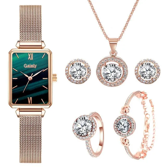 Luxury 6PCS Wristwatche Set Women Rose Gold Quartz Watch Jewelry