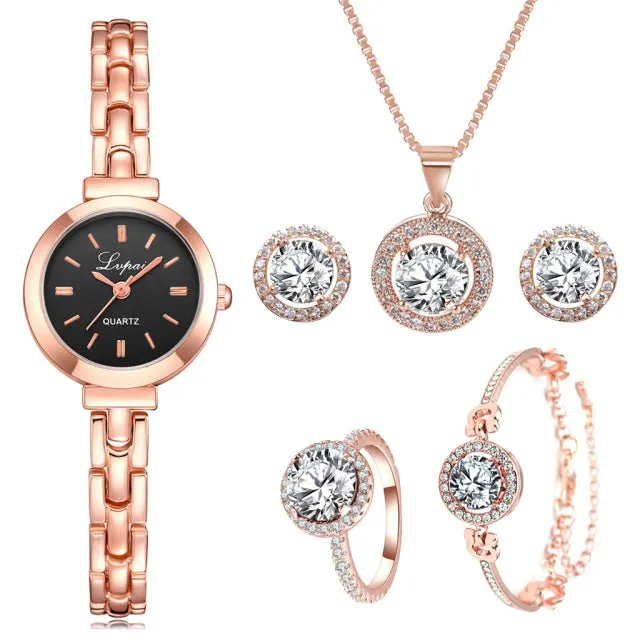 Luxury 6PCS Wristwatche Set Women Rose Gold Quartz Watch Jewelry
