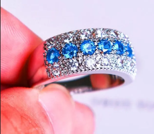 Luxury Blue Sapphire Gemstone Ring Silver Wedding Engagement Jewelry