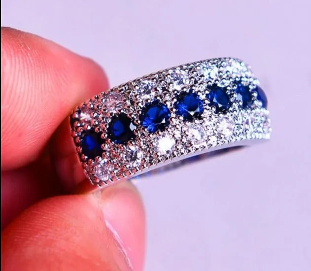 Luxury Blue Sapphire Gemstone Ring Silver Wedding Engagement Jewelry