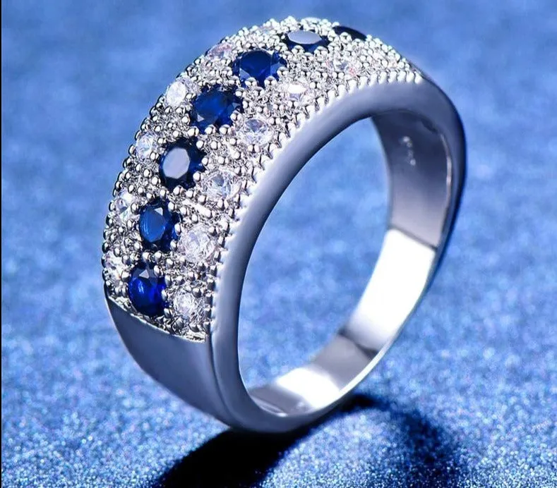 Luxury Blue Sapphire Gemstone Ring Silver Wedding Engagement Jewelry