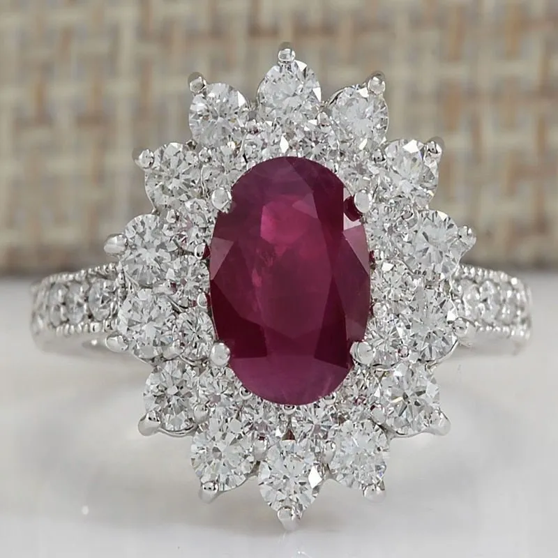 Luxury Red Ruby Gemstone Ring Women Silver Anniverssary Jewelry