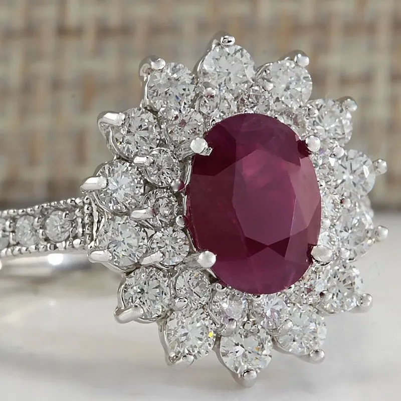 Luxury Red Ruby Gemstone Ring Women Silver Anniverssary Jewelry