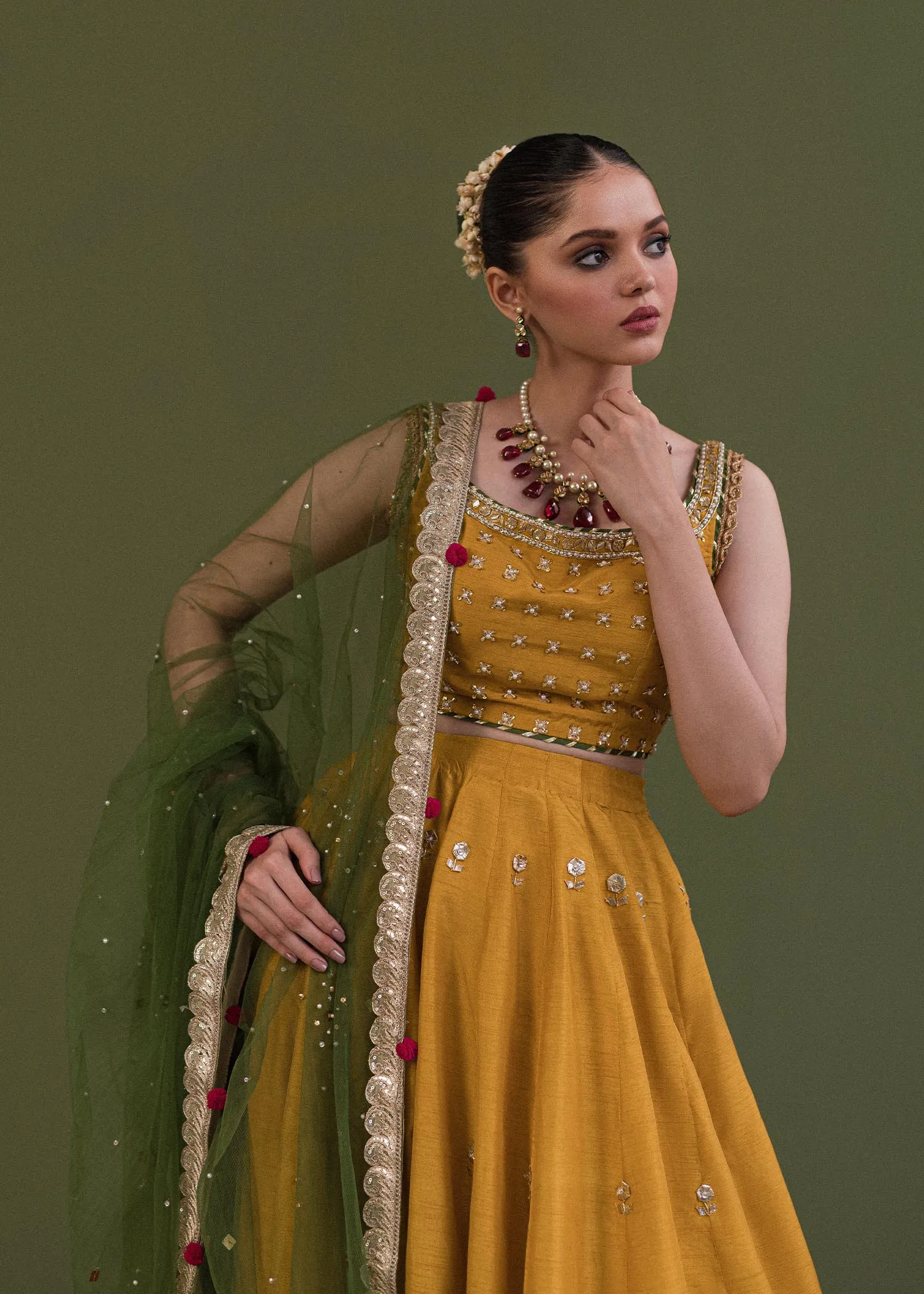 Luxury Yellow Green Pakistani Wedding Wear Lehenga Choli and Dupatta