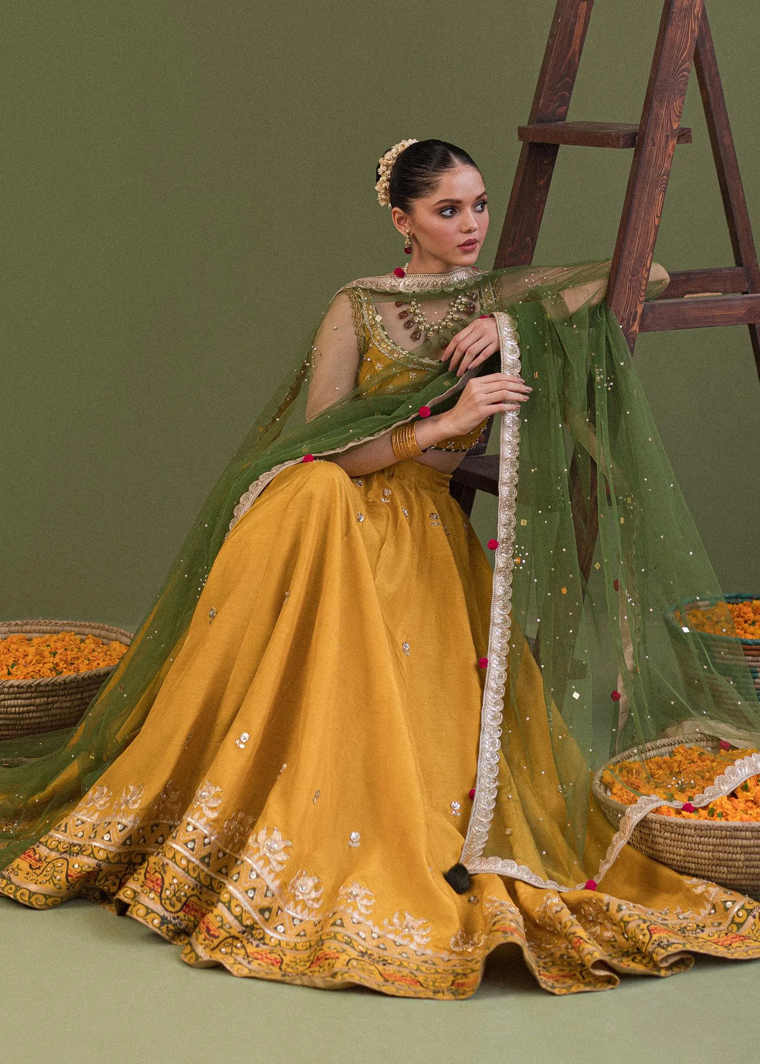 Luxury Yellow Green Pakistani Wedding Wear Lehenga Choli and Dupatta