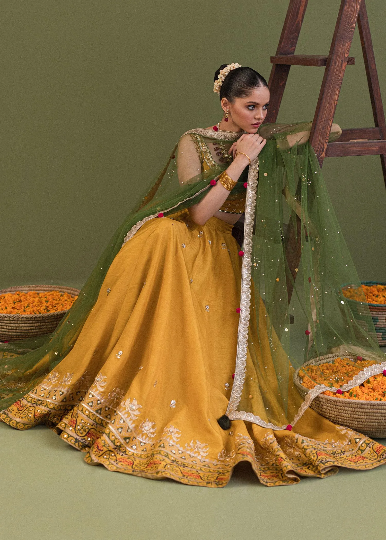 Luxury Yellow Green Pakistani Wedding Wear Lehenga Choli and Dupatta