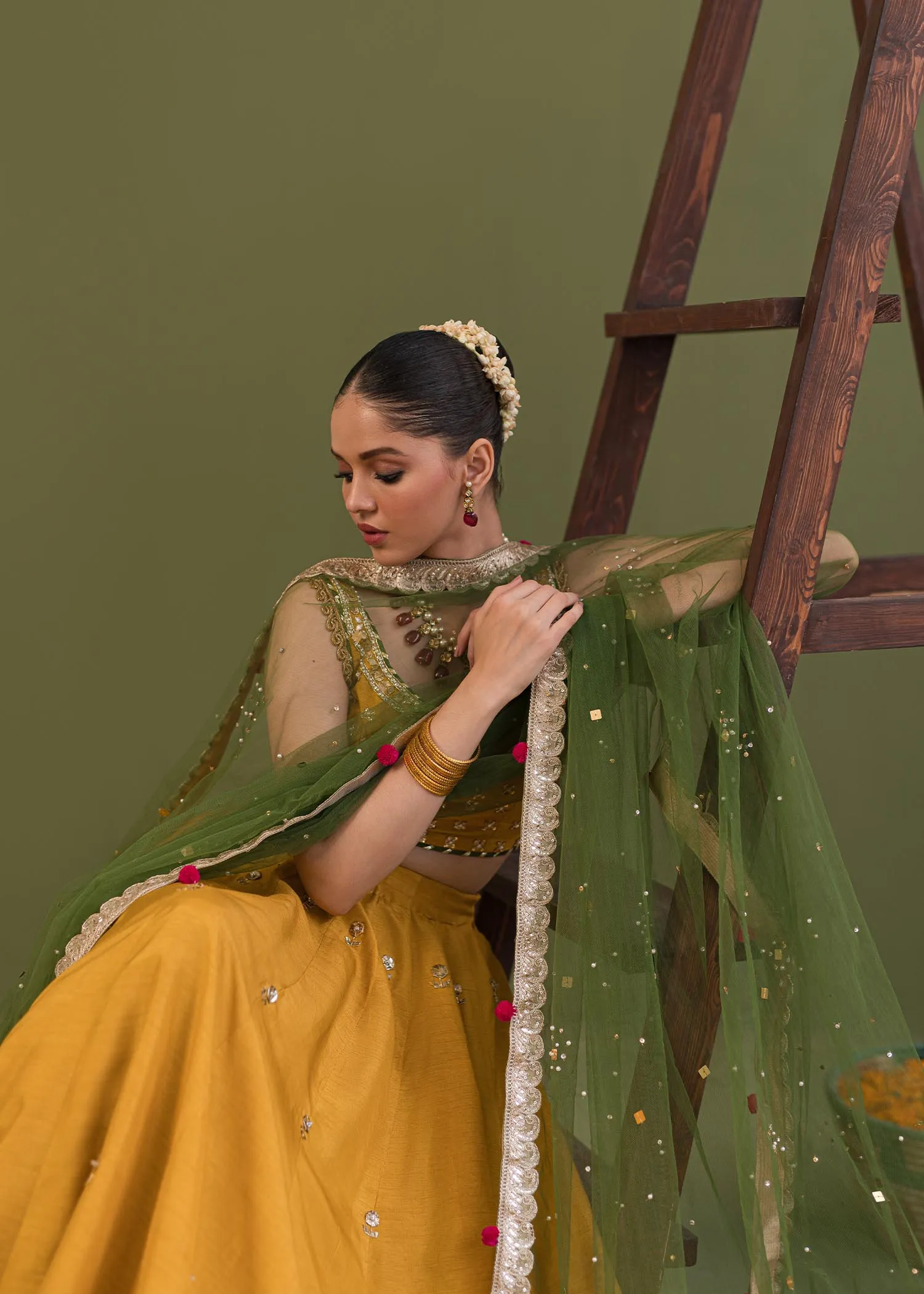 Luxury Yellow Green Pakistani Wedding Wear Lehenga Choli and Dupatta