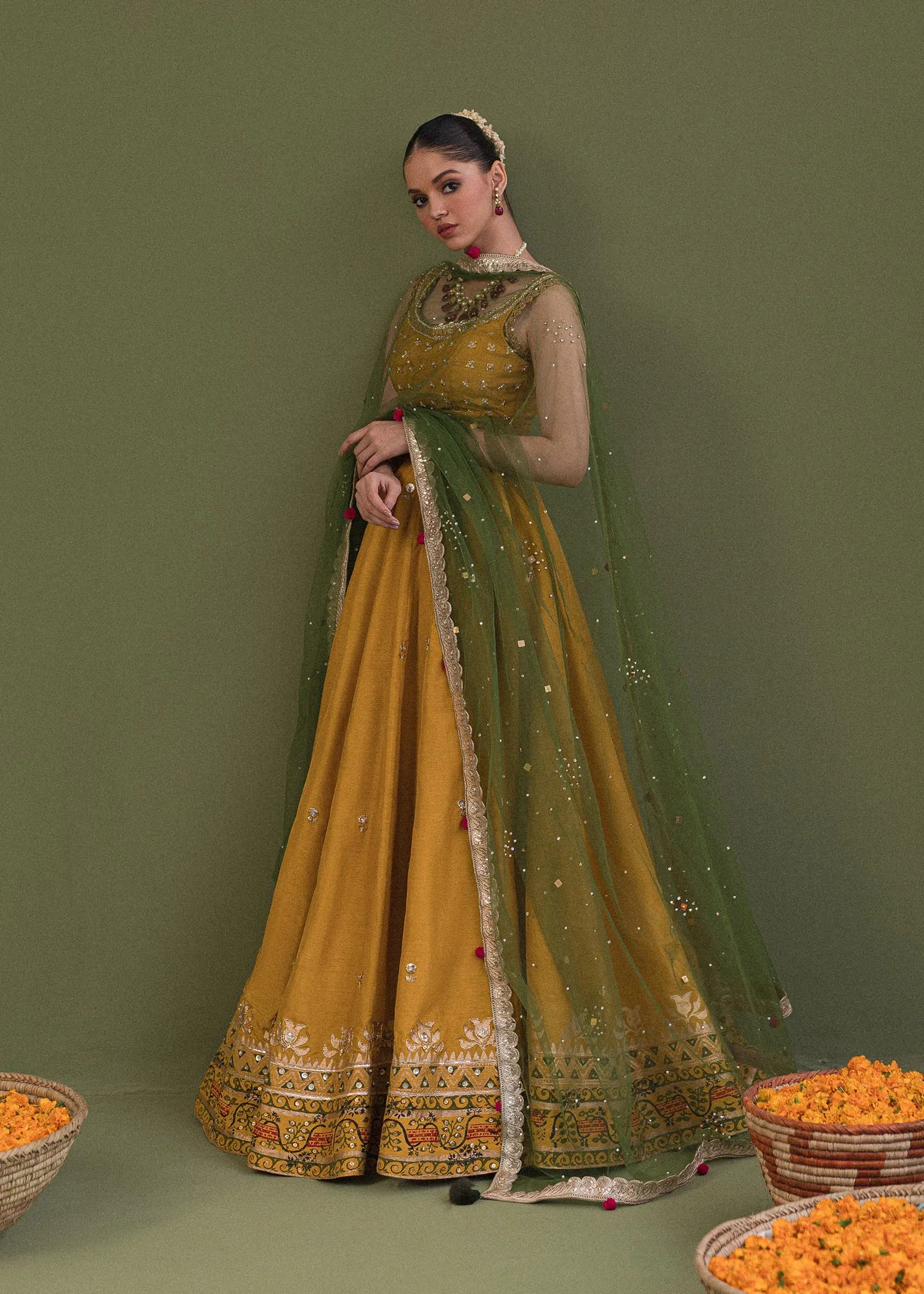 Luxury Yellow Green Pakistani Wedding Wear Lehenga Choli and Dupatta