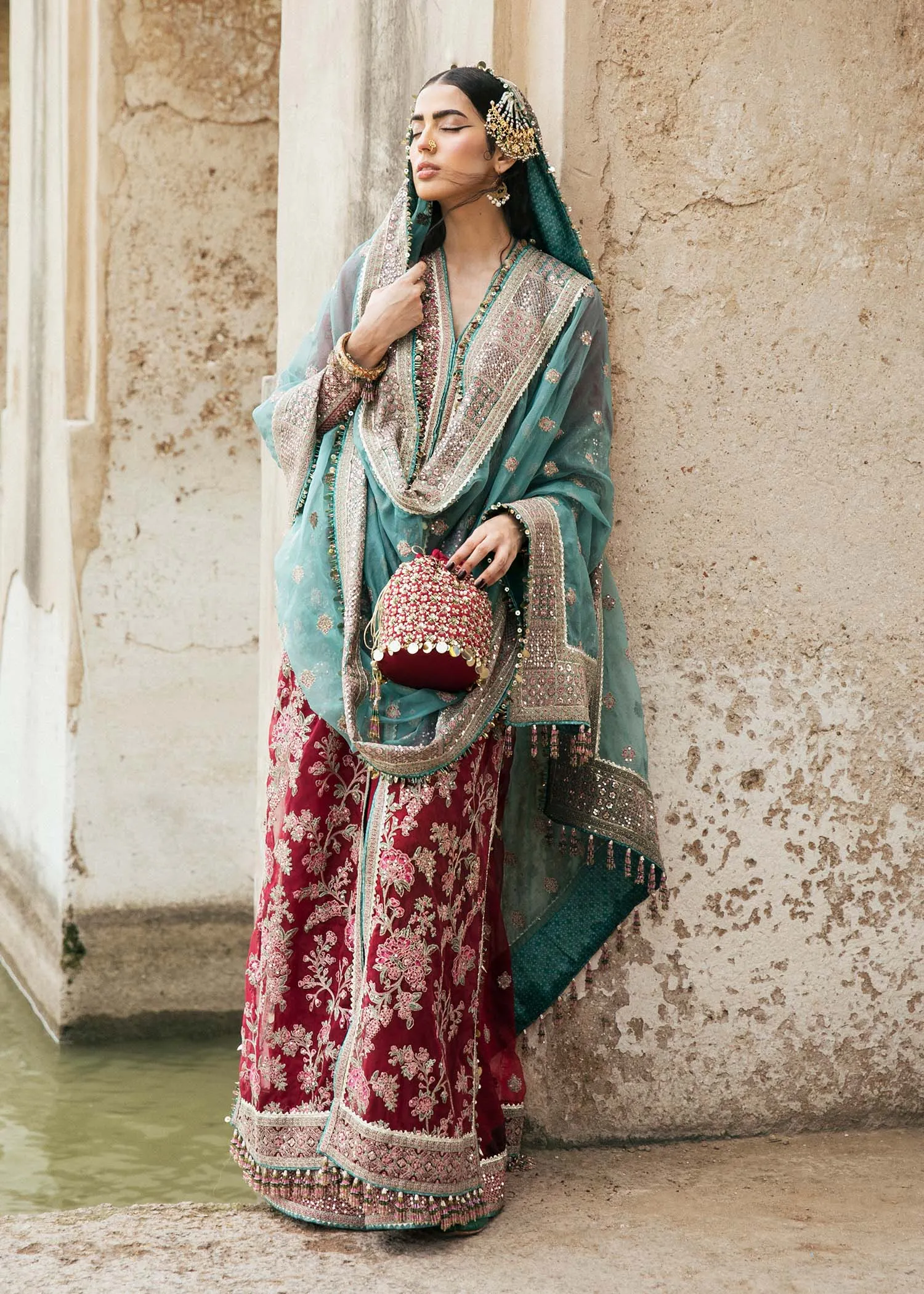Maroon Pakistani Wedding Dress in Kameez Trouser Style