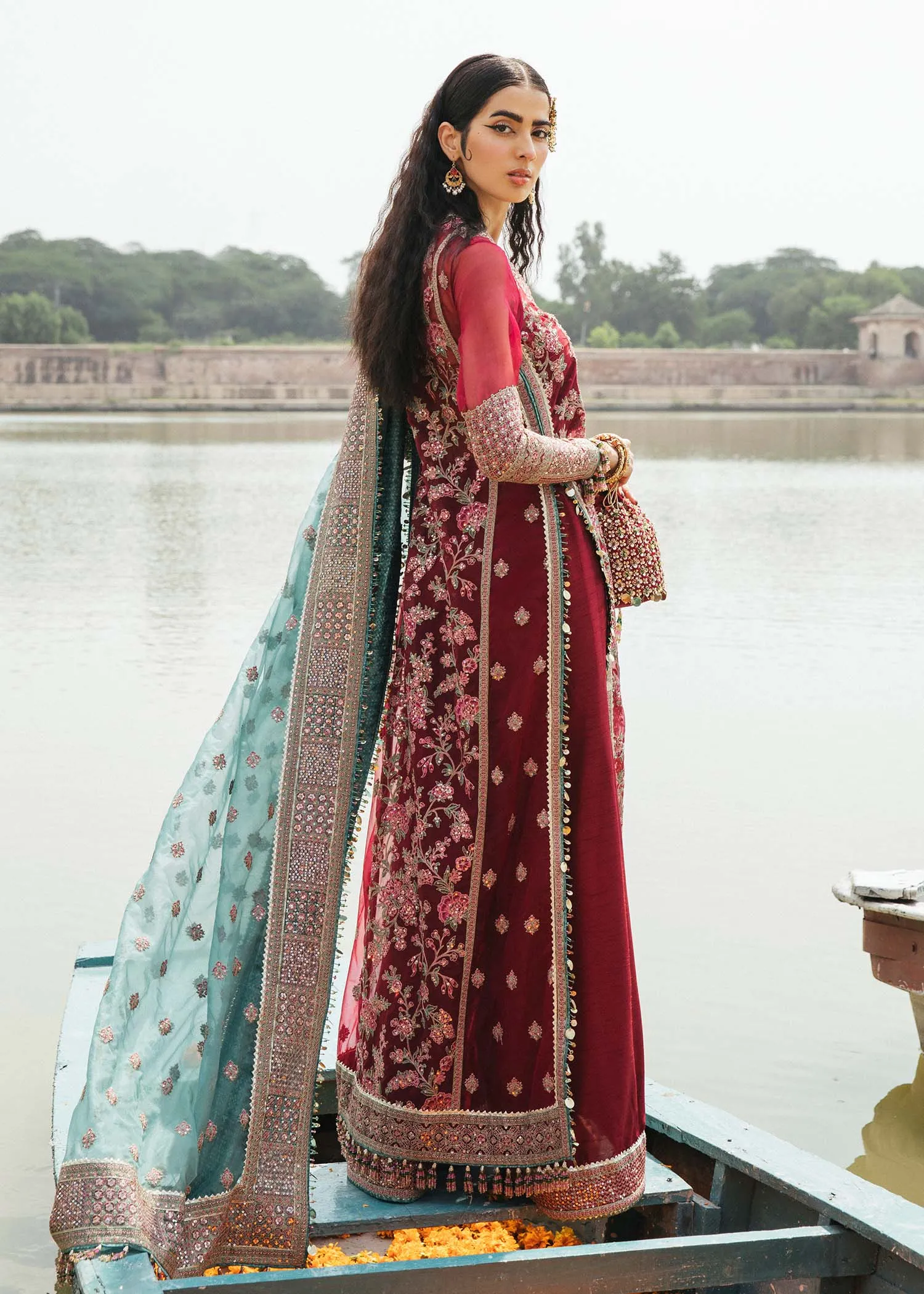 Maroon Pakistani Wedding Dress in Kameez Trouser Style