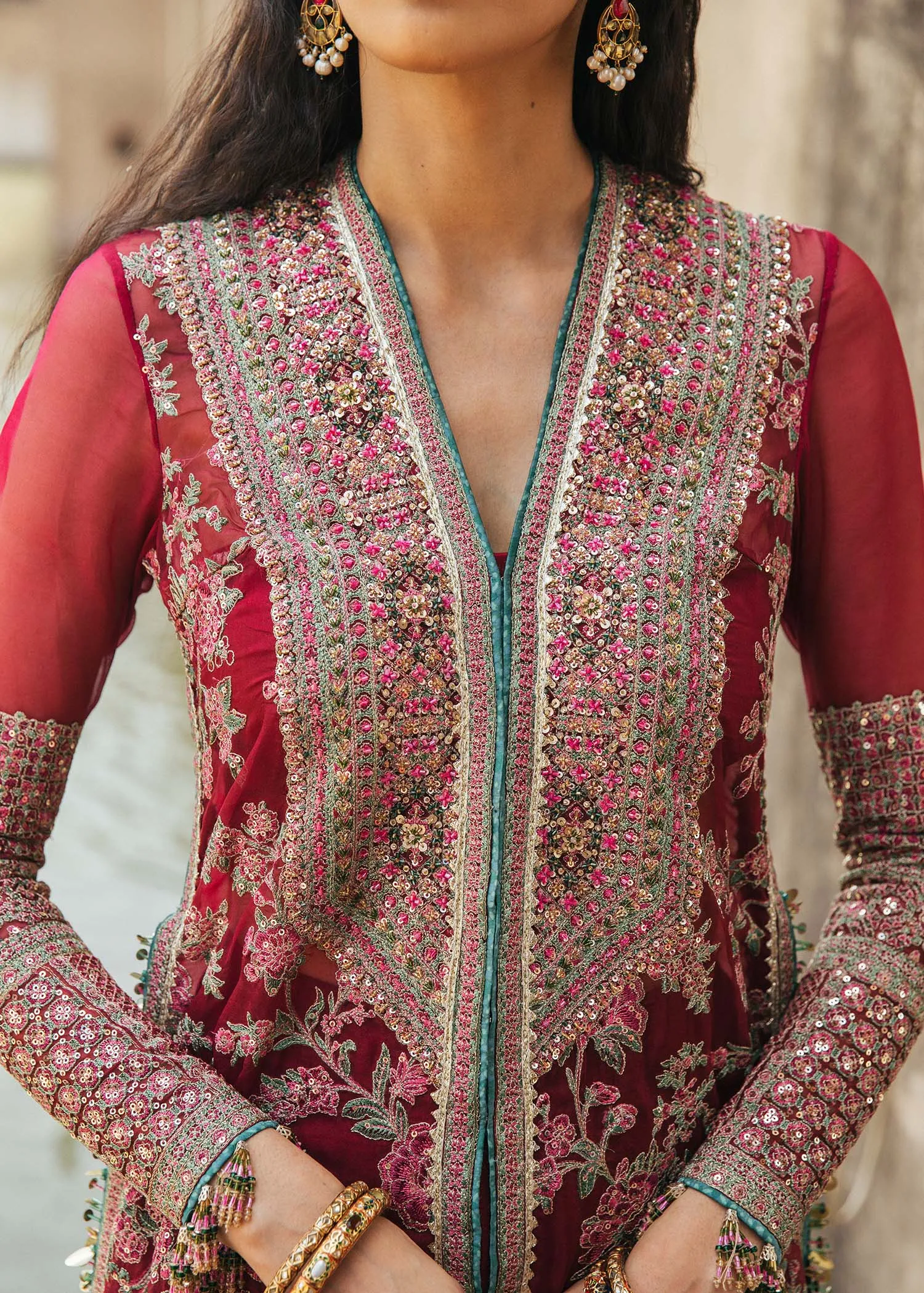 Maroon Pakistani Wedding Dress in Kameez Trouser Style
