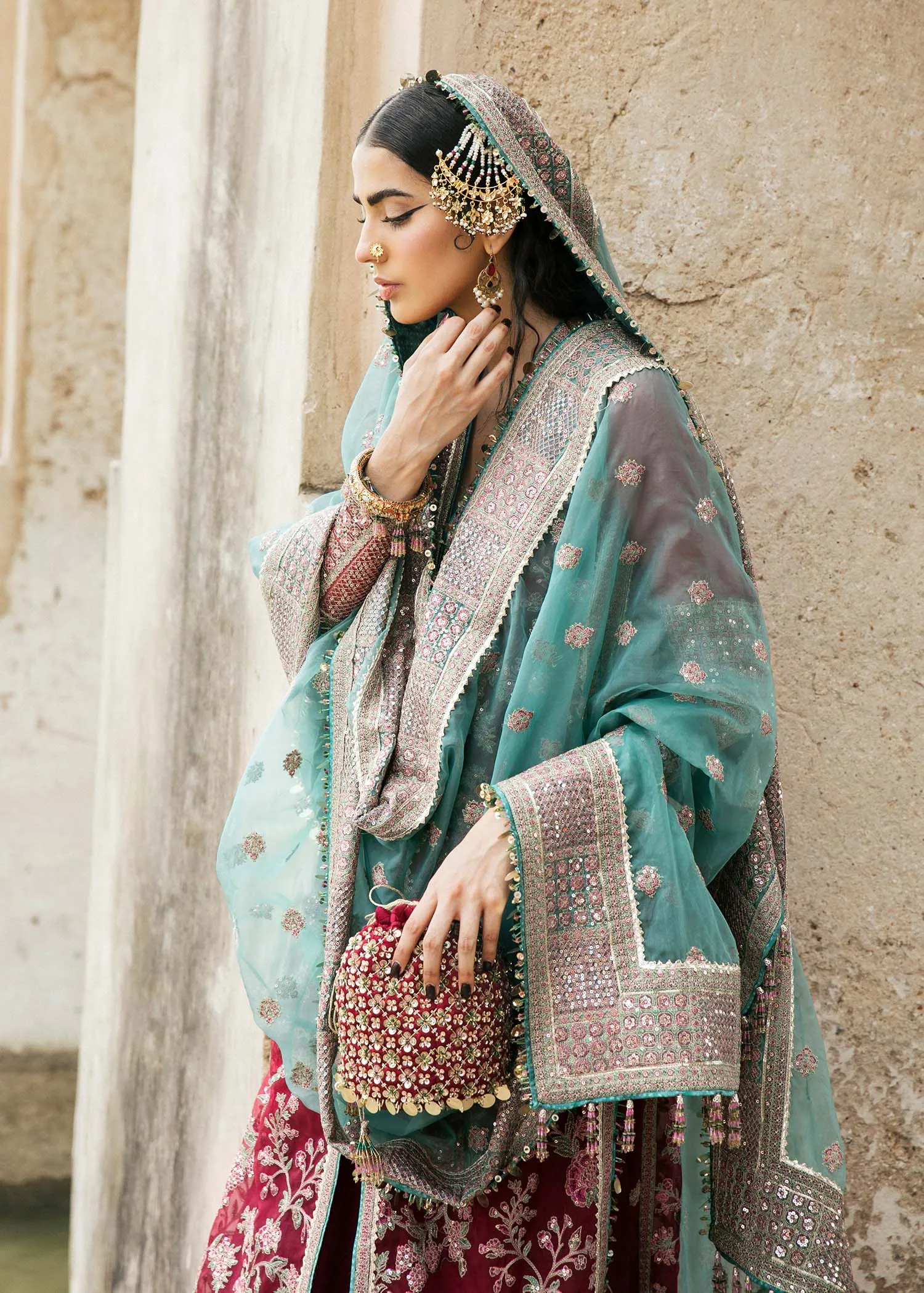 Maroon Pakistani Wedding Dress in Kameez Trouser Style
